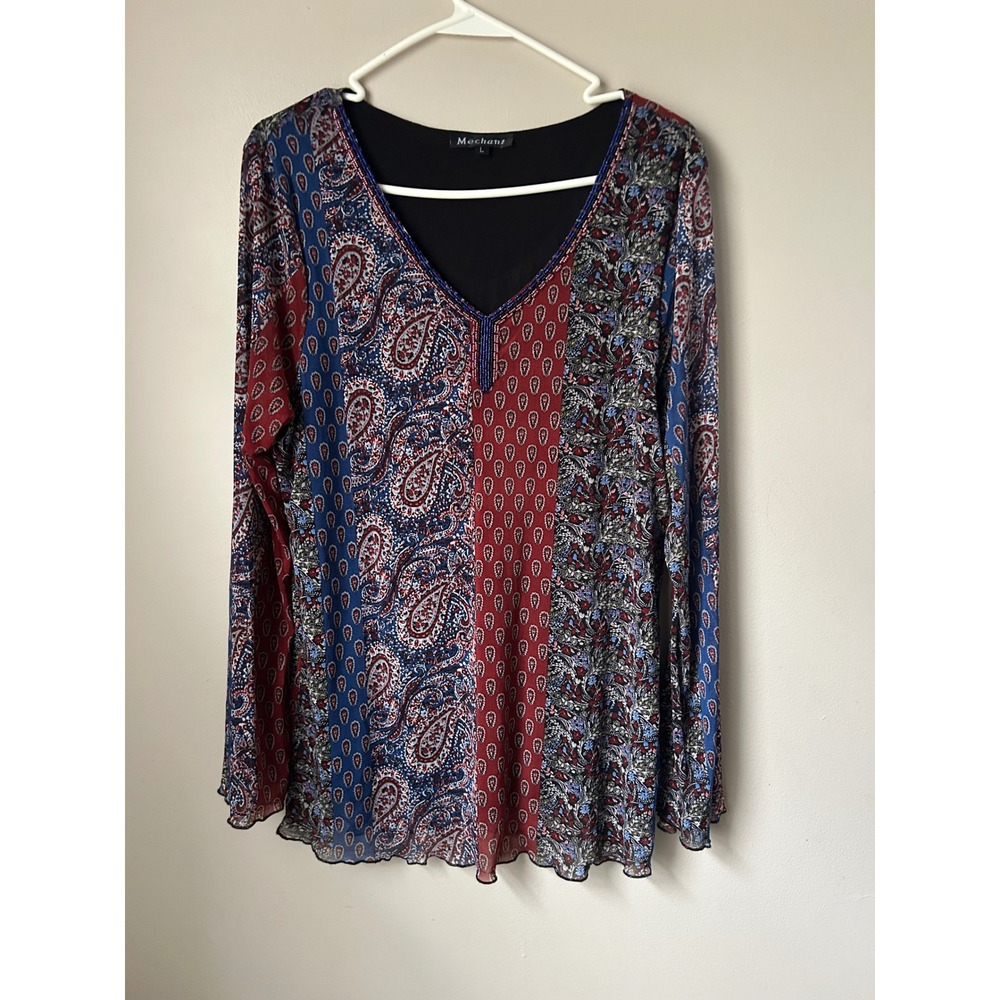 Y2K Merchant Patchwork Paisley Beaded V Neck Long Sleeve Size L IndieSleeze Boho